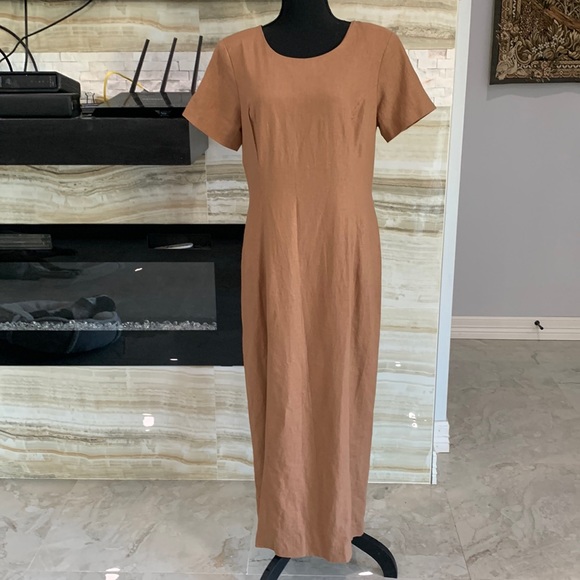 Adolfo Studio 55% Linen and 45% Rayon Tan Maxi Dress Size 12 - Picture 1 of 10